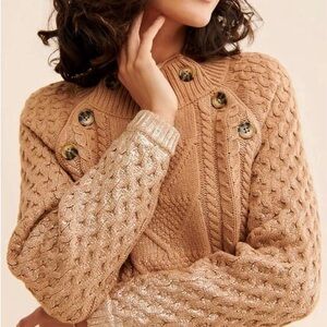 Pilcro Anthropologie Camel Cable Knit Sweater with Metallic Accents